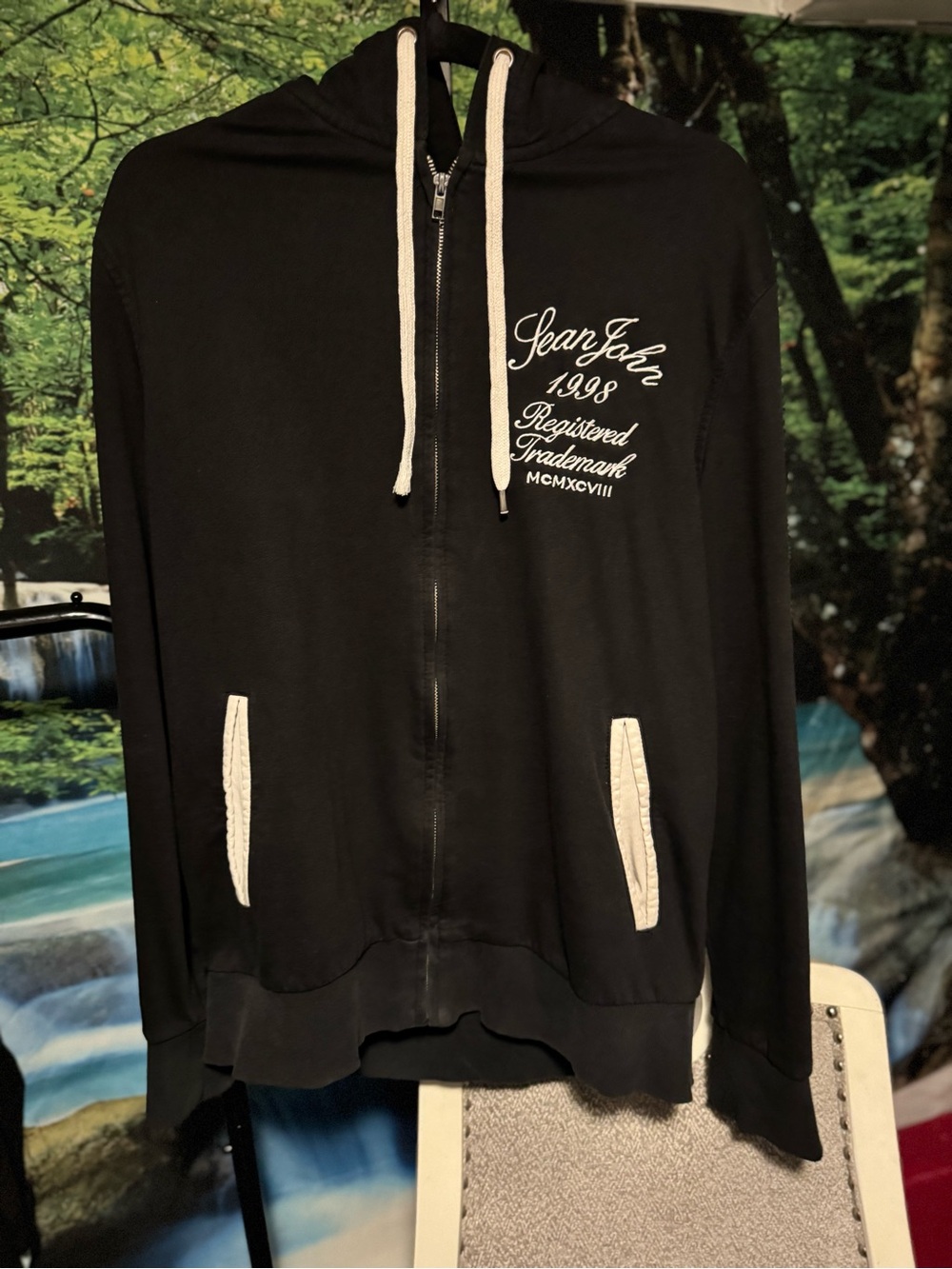 Vintage Sean John Black Hoodie with White Embroidered Logo, large